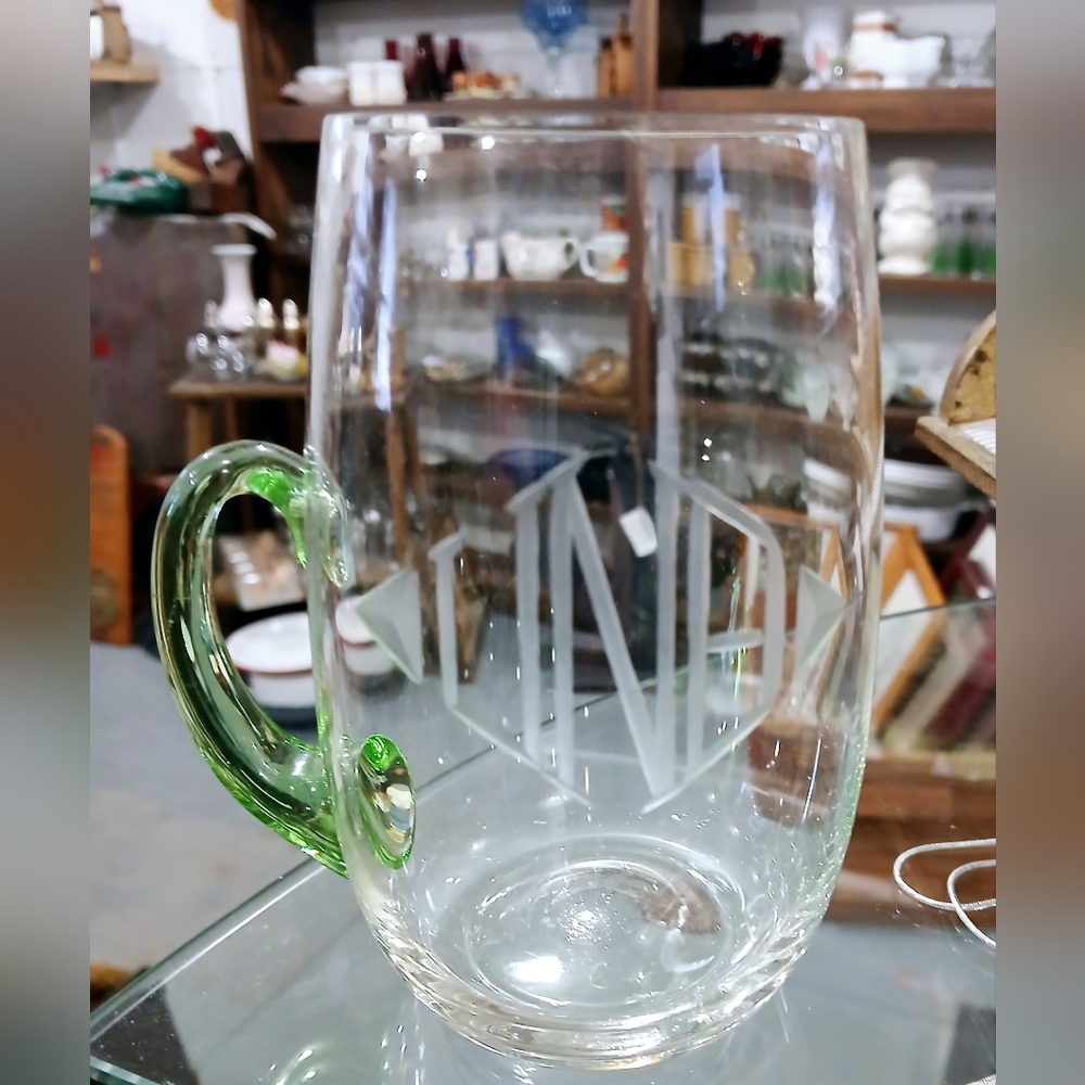 Vintage University of New Brunswick Clear Glass Mug with Green Handle